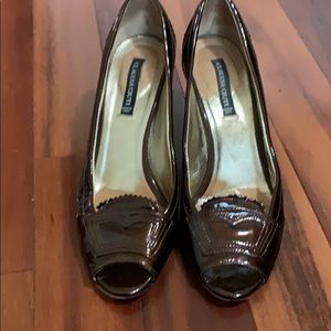 Brown Paten Leather Peep Toe Heels